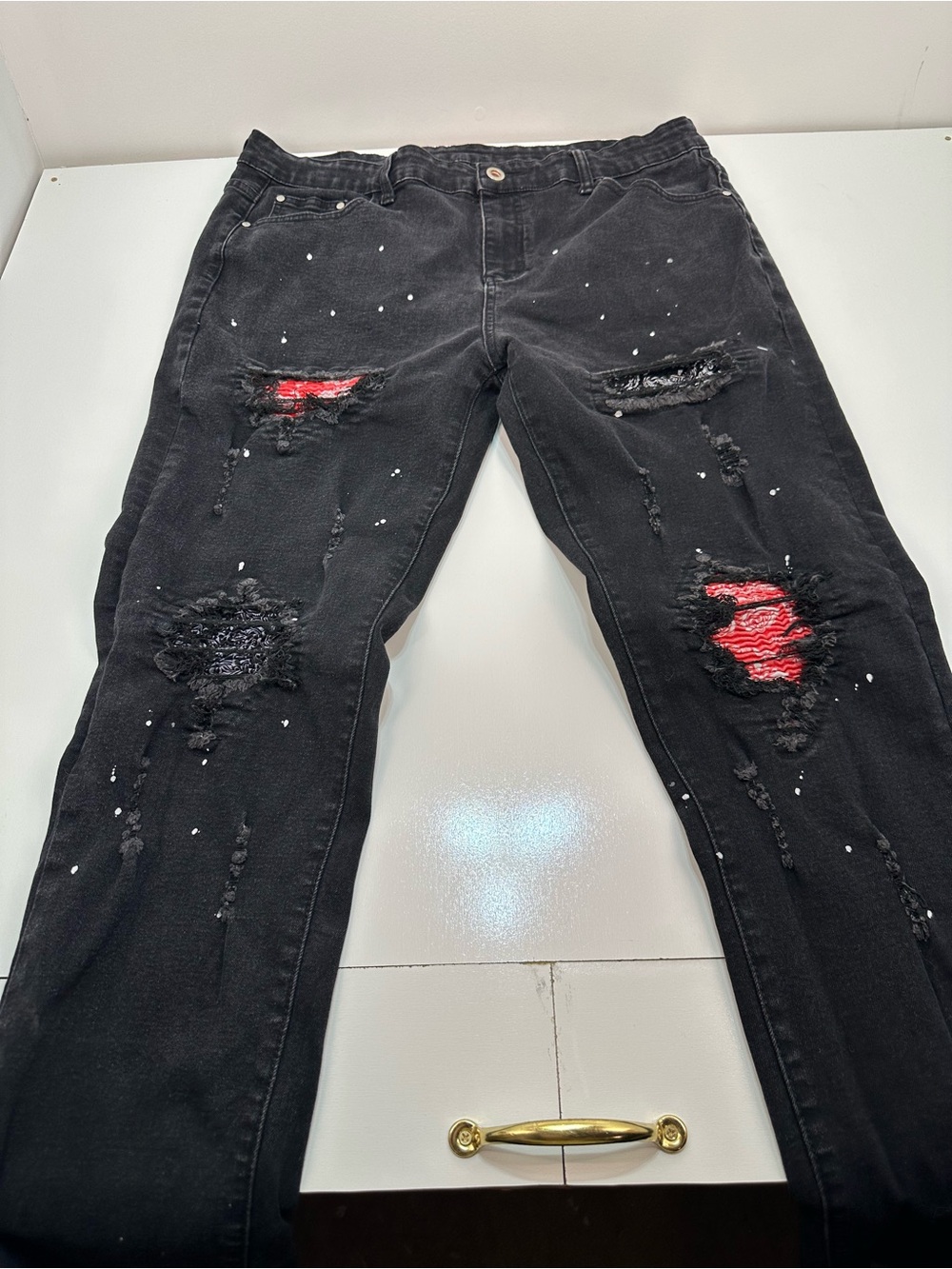 Black Skinny Jeans with Red Patch Distressed Detail
